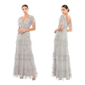 Mac Duggal Size 4 Ruffle Tiered Embellished Flutter Sleeve Gown Formal